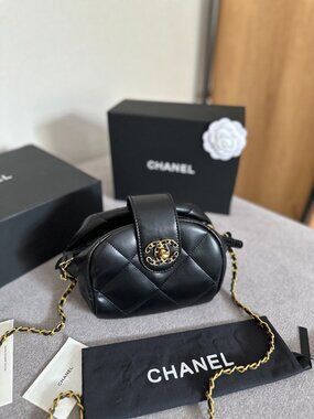 LUXURY Quilted Black Vanity Chain Bag Designer Box & Camellia Included